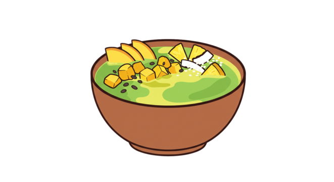 Delicious green smoothie bowl with mango pineapple and coconut healthy breakfast food illustration on transparent background - Powered by Adobe
