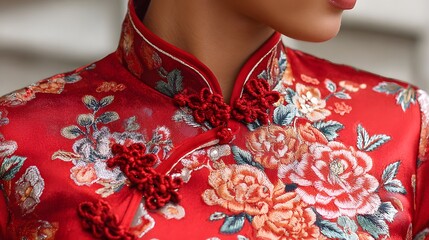 A traditional red cheongsam featuring intricate floral patterns, exemplifying cultural heritage and elegant design. 