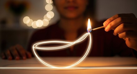 Hand lighting a glowing outline of a diya with a matchstick diya outline glowing light