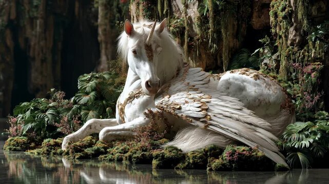 Majestic Winged Unicorn Rests by Serene Lake Surrounded by Lush Forest and Peaceful Nature