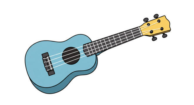 Illustration of a light blue ukulele musical instrument stringed instrument for music education and entertainment on transparent background