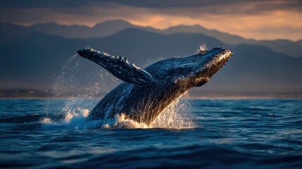 Majestic whale breaching powerfully above ocean waves at sunset