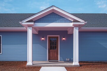Covered walkway with white rectangular columns at the entrance of a new single-family home clad in horizontal vinyl lap siding