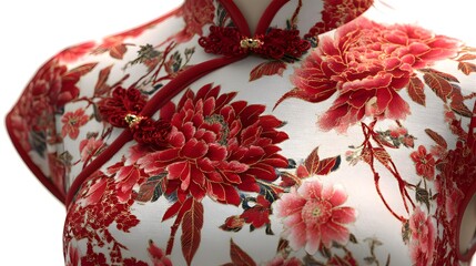 A traditional red cheongsam featuring intricate floral patterns, exemplifying cultural heritage and elegant design. 
