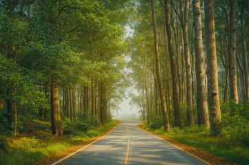 Naklejka premium Summer forest scenery with trees, wood, and a sunlit path in nature