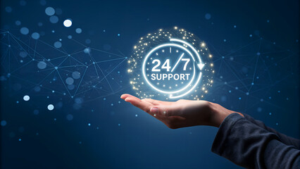 247 support concept with clock and hands, representing roundtheclock customer service and assistance, available anytime for help and guidance