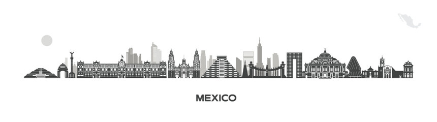 mexico building landscape design, tourist attraction icons and mexico country icons, beautiful culture country skyline	