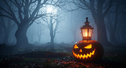 Misty Haunted Forest with Lantern and Glowing Pumpkin