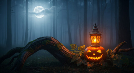 Misty Haunted Forest with Lantern and Glowing Pumpkin