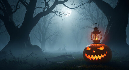 Misty Haunted Forest with Lantern and Glowing Pumpkin