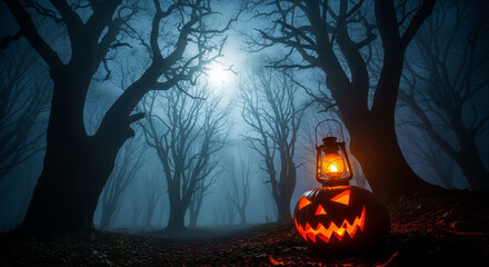 Misty Haunted Forest with Lantern and Glowing Pumpkin