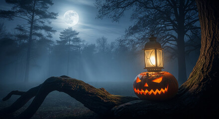 Misty Haunted Forest with Lantern and Glowing Pumpkin