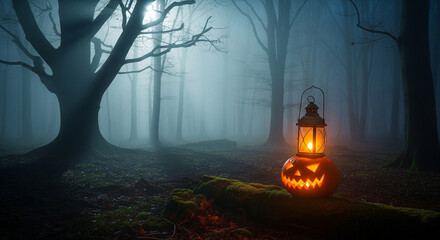 Misty Haunted Forest with Lantern and Glowing Pumpkin