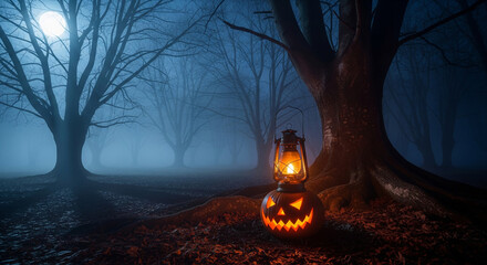 Misty Haunted Forest with Lantern and Glowing Pumpkin