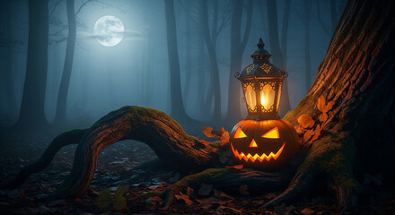 Misty Haunted Forest with Lantern and Glowing Pumpkin