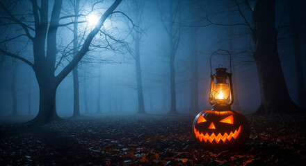 Misty Haunted Forest with Lantern and Glowing Pumpkin