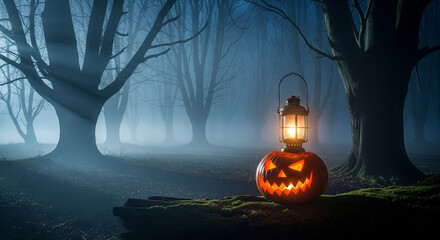 Misty Haunted Forest with Lantern and Glowing Pumpkin