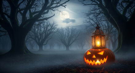 Misty Haunted Forest with Lantern and Glowing Pumpkin