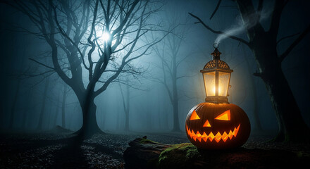 Misty Haunted Forest with Lantern and Glowing Pumpkin