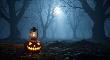 Misty Haunted Forest with Lantern and Glowing Pumpkin