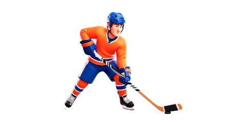 Fototapeta premium cartoon hockey player ready for the faceoff, intense focus, dynamic pose, 3d render, isolated on transparent background