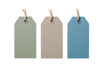 Three blank price tags of varying muted tones