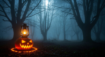 Misty Haunted Forest with Lantern and Glowing Pumpkin