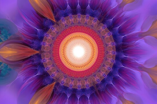 Brightly colored geometric floral pattern with a prominent star on a complex fractal background