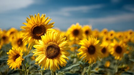 Fototapeta premium Vibrant yellow sunflowers fill a field, bathed in sunlight, against a backdrop of a partly cloudy sky.