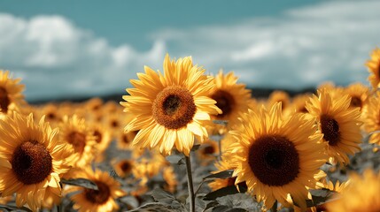 A vibrant field of sunflowers under a partly cloudy sky, showcasing the cheerful yellow blooms and warm tones.
