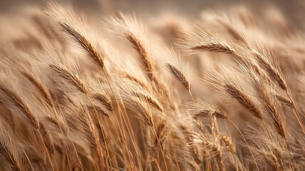 Golden wheat stalks sway gently in a warm breeze, showcasing a peaceful and serene rural scene.