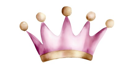 Pink and gold watercolor crown with round pearl-like decorative elements on white background, isolated design element for royal themed projects.