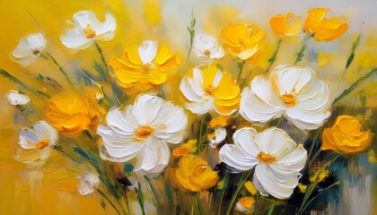 Fototapeta premium abstract spring or summer flowers yellow and white acrylic painting on canvas oil painting