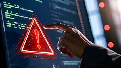 A hand points to a digital screen displaying a warning sign, representing cyber security threats, data breaches, and system vulnerability issue