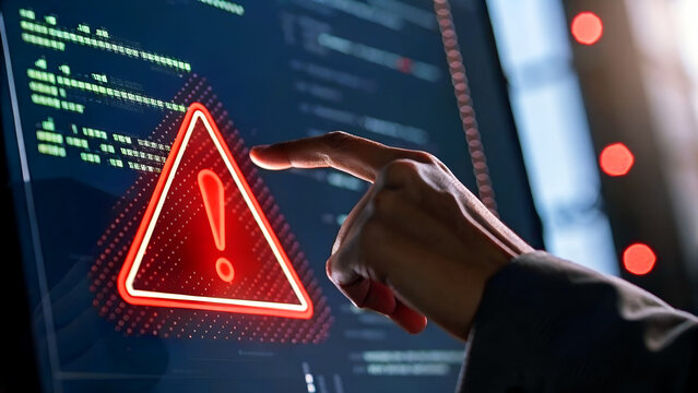 A hand points to a digital screen displaying a warning sign, representing cyber security threats, data breaches, and system vulnerability issue - Powered by Adobe