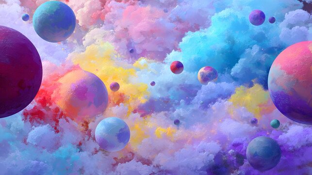 Abstract art featuring floating spheres in floating spheres within a dazzling atmosphere.