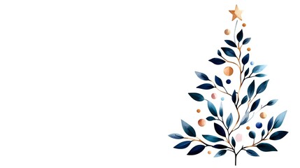 Minimalist watercolor Christmas tree with navy blue leaves and rose gold ornaments on white background, elegant botanical holiday design for cards and decor.