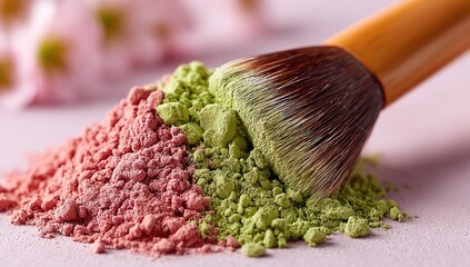 Blush powder and brush, pink and green