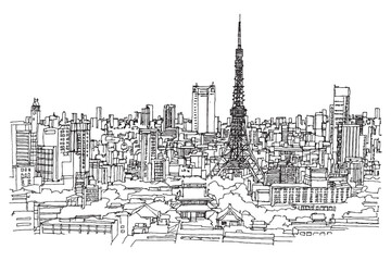 Fototapeta premium Detailed line art of Tokyo city skyline with iconic tower, urban sketch representing architecture, Japan, and modern life.