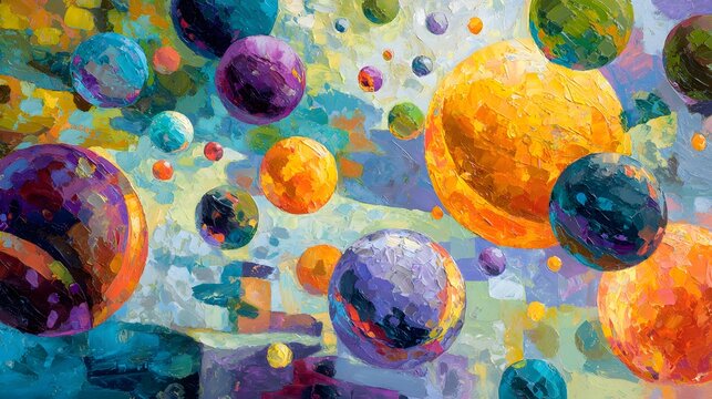 Abstract art featuring floating spheres iof floating spheres within a dazzling atmosphere.