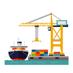 A vector illustration depicting a cargo ship docked at a port with a large yellow crane lifting colorful shipping containers.