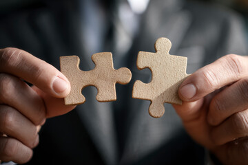 Connecting puzzle pieces held by a person, symbolizing solutions, teamwork, and achieving goals together.