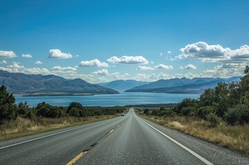 Fototapeta premium Scenic highway view overlooking a serene lake on a bright summer afternoon