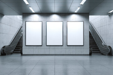 Subway station with blank posters. Modern underground passage with escalators, and blank advertisement space.