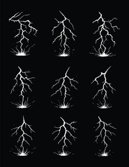 Collection of electric lightning bolts on dark background, energy, thunder, storm, and powerful flash illustration set.