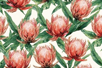 Naklejka premium Seamless floral pattern featuring hand-painted watercolor exotic leaves and flowers, ideal for invitations and greeting cards.