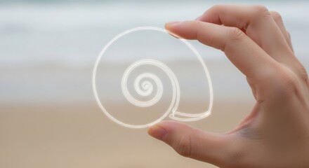 Hand holding glowing nautilus shell outline over blurred beach background image