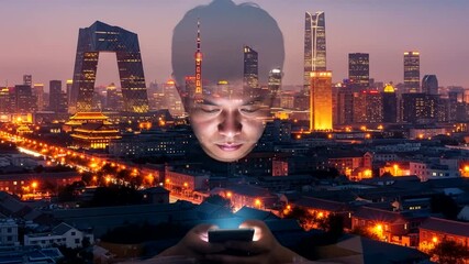 Abstract double exposure of man using phone with city skyline at night concept - Powered by Adobe