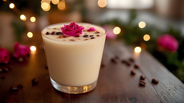 Creamy cocktail garnished with pink rose petals and coffee beans on rustic wooden table with soft bokeh lights and festive decorations in background.