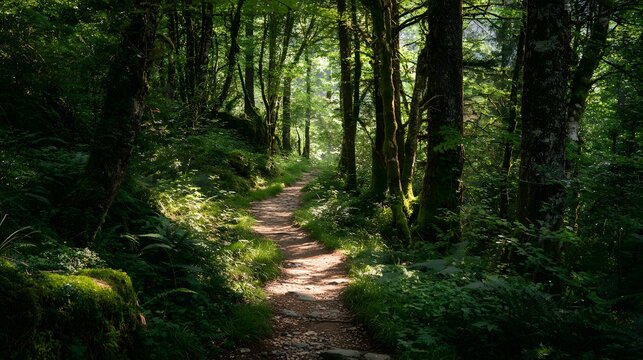 A sunlit forest path winds through dense greenery, dappled sunlight illuminating the trail.